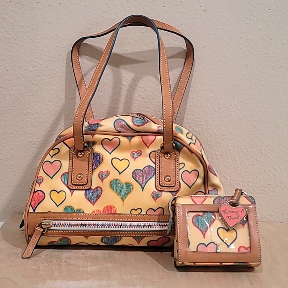 Dooney & Bourke Yellow Heart-Print Satchel with Tan Trim and Wallet